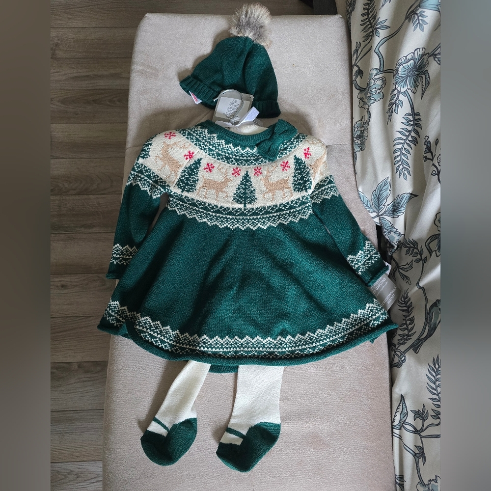 CHRISTMAS KNIT BABY DRESS with Hat and Tights